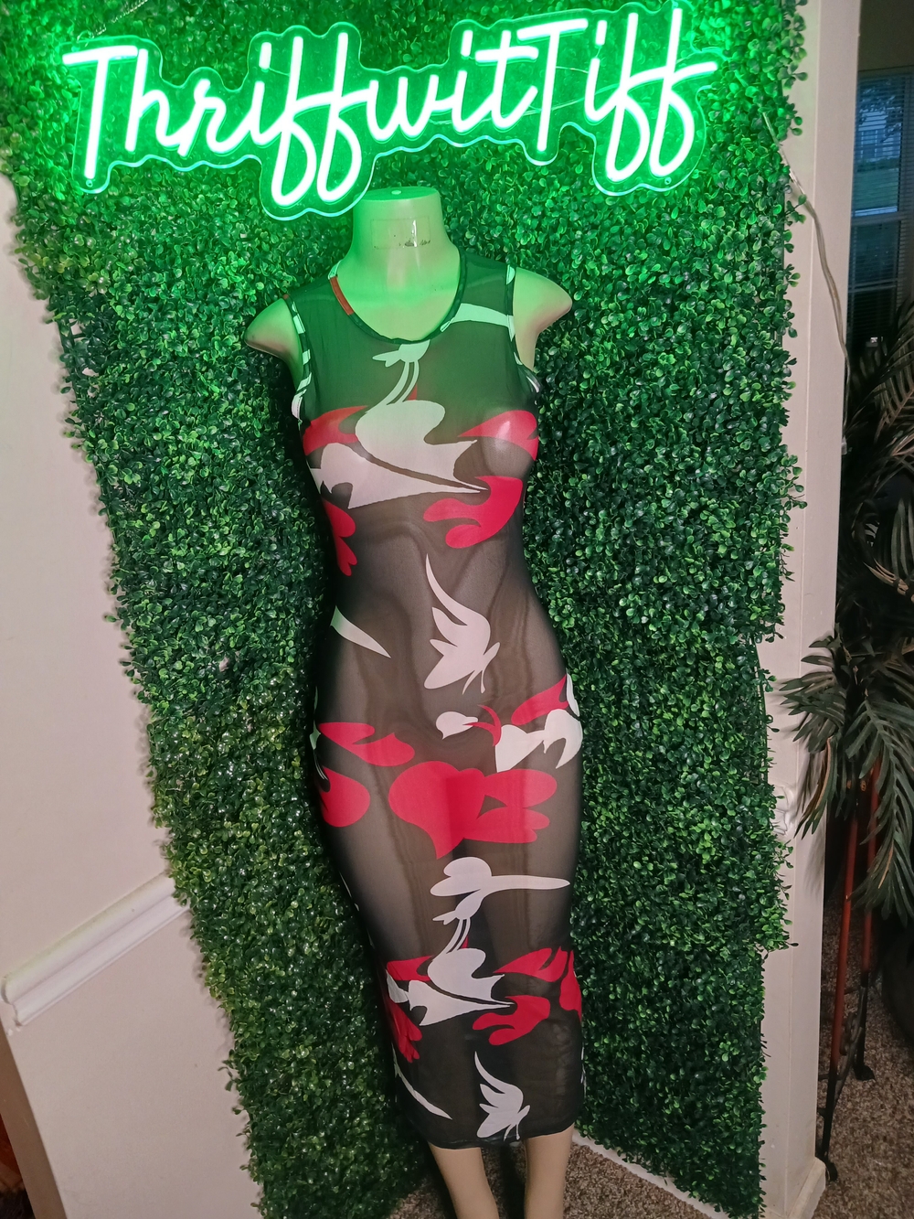 SHEIN Black Mesh Midi Dress with Red & White Floral Print